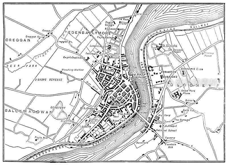 北爱尔兰伦敦德里的古董地图- 19世纪